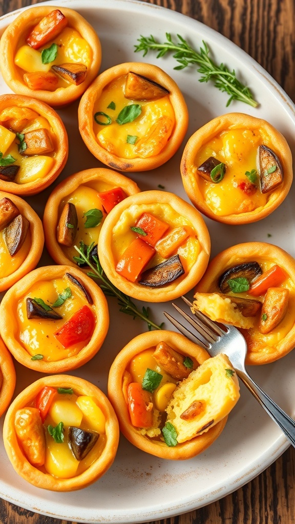 A platter of mini quiches filled with vegetables and cheese, garnished with herbs, on a wooden table.